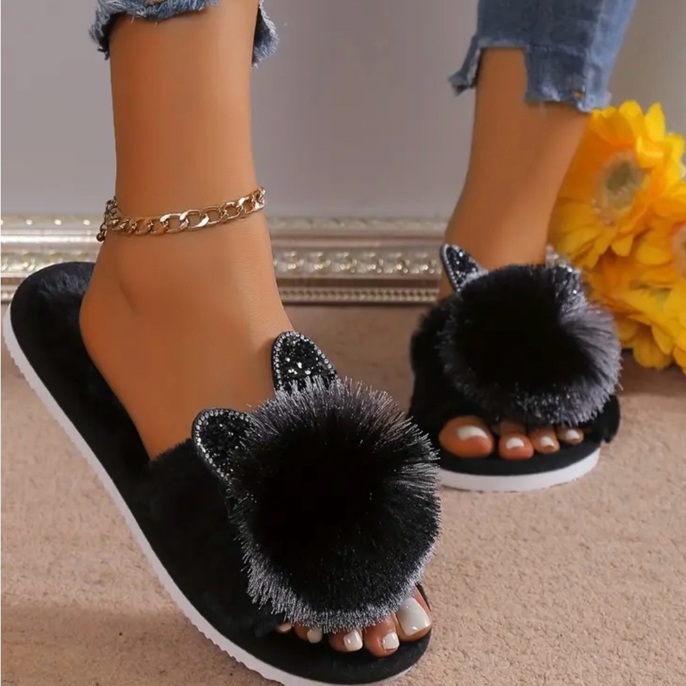 Cat Black Fuzzy Slippers-NWT